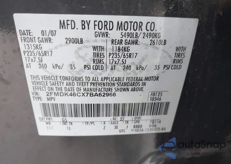 2007 Ford Edge Se из США, поврежденный, VIN 2FMDK46CX7BA62966